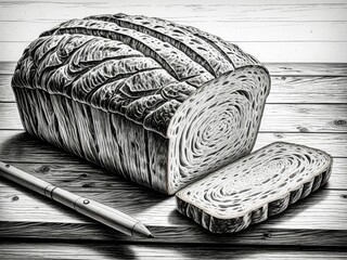 Rustic Artisan Sourdough Bread Loaf with Slice on Wooden Table, Black and White Sketch Style