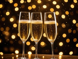 Sparkling Celebration: Three Champagne Glasses in Golden Bokeh Lights - Festive Drink Photography