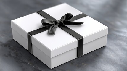 Photo of square white cardboard box with black ribbon on dark gray textured background, elegant shadow
