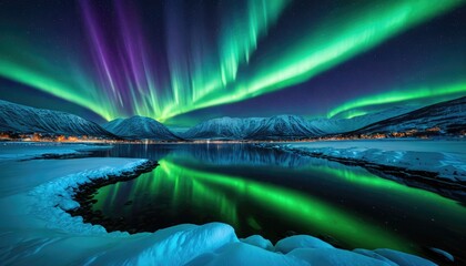 Spectacular Northern Lights Display Over Snowy Mountains and Reflective Water - Aurora Borealis in Winter Landscape