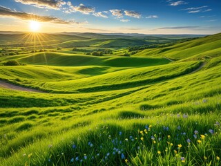 Rolling Hills Landscape at Sunset: Vibrant Green Fields and Wildflowers Under a Dramatic Sky