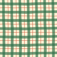 Hand-drawn checkered pattern with green and coral stripes on a beige background