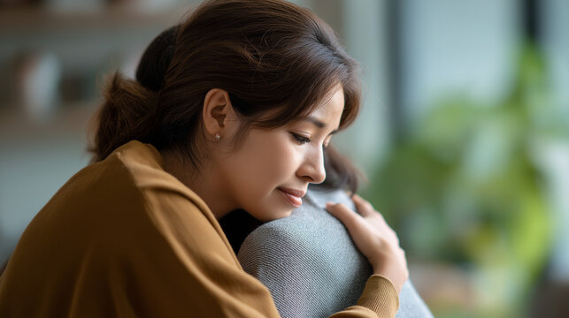 Faceless young depressed Asian woman hugging friend defocused encouragement background selective focus PTSD mental health concept emotional support trauma recovery with copy - Powered by Adobe