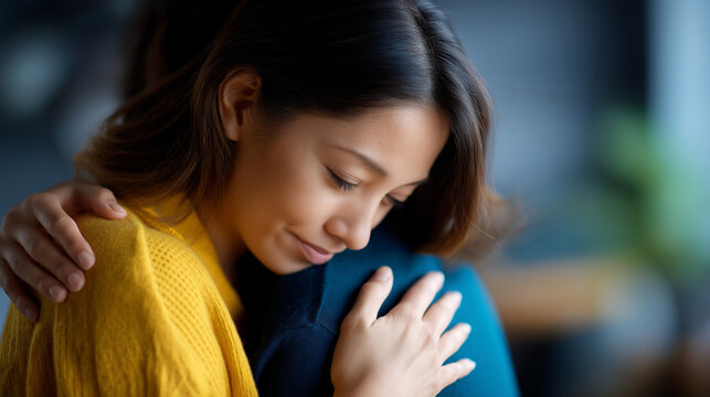 Faceless young depressed Asian woman hugging friend defocused encouragement background selective focus PTSD mental health concept emotional support trauma recovery with copy