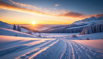 Serene Winter Landscape: Snowy Path at Sunset in the Mountains - Peaceful Scenery for Cold Weather Themes
