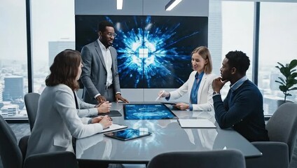 Business Tech Collaboration: A collaborative work session unfolds within a modern boardroom, as a diverse team of professionals engages with sophisticated technology, signifying progress in business. - Powered by Adobe