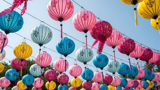 Colorful chinese lanterns hanging for lunar new year festival celebration decoration and background design