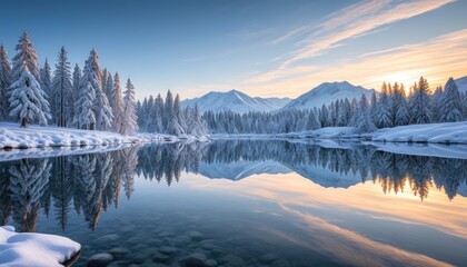 Serene Winter Landscape: Snowy Mountains Reflected in Calm Lake at Sunrise - Peaceful Nature Scene