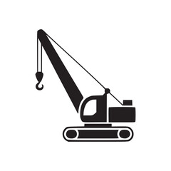 A black silhouette of a crane with a hook and treads on a white background illustration