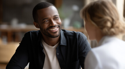 Fototapeta premium Faceless black man in counseling and psychology consulting defocused therapy background mental healthcare support happy patient talking to psychologist therapist medical help