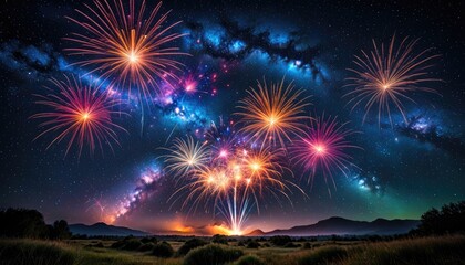 Spectacular Fireworks Display Over Mountain Range Under Milky Way - Celebration, Night Sky, Festive, Stunning Visuals, Long Exposure