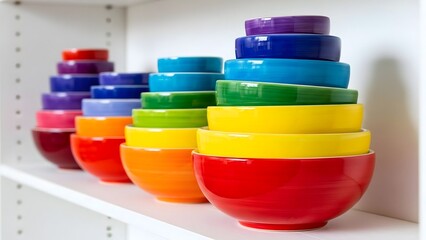 Obraz premium Colorful bowls stacked on shelf bright kitchenware home goods rainbow dishes ceramic bowls kitchen storage