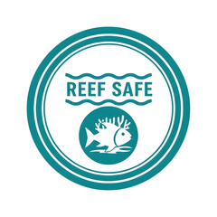 Obraz premium Reef Safe vector badge, teal icon with fish and coral, isolated ocean-safe sunscreen label. 