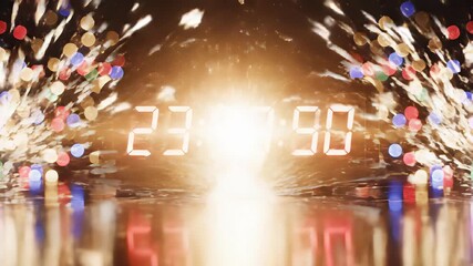 New Year's Eve countdown with sparkling fireworks and digital clock display