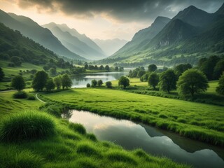 Serene Valley Landscape: Lush Green Fields, Reflecting River, and Majestic Mountains Under Dramatic Sky