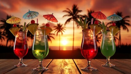 Tropical cocktails at sunset beach bar a refreshing summer drink for vacation travel and holiday getaway