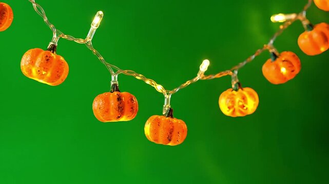 Festive pumpkin string lights glowing warmly against a vibrant green background for autumn celebrations