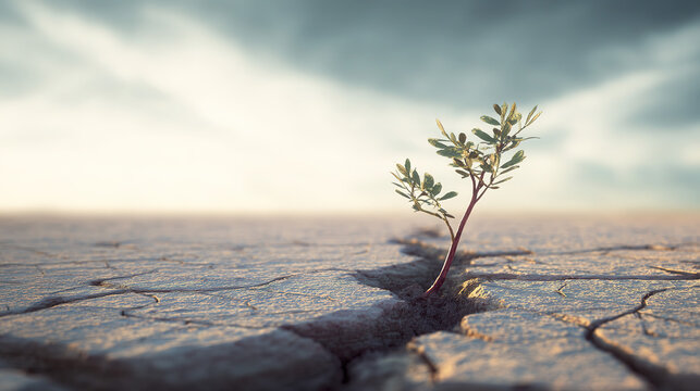 A resilient seedling growing from cracked earth, representing personal growth and transformation.