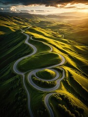 Serpentine Road Winding Through Sun-Drenched Green Hills at Golden Hour