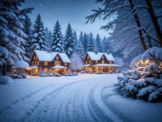 Snowy Winter Cabin Retreat: Cozy Homes in a Frozen Forest at Twilight - Stunning Landscape Photography