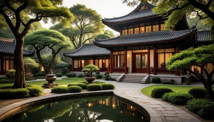 Serene Traditional Japanese Garden with Pagoda-Style Building & Reflecting Pond - Tranquil Landscape