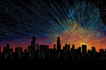 Fototapeta premium Vibrant fireworks explode above a silhouetted city skyline at twilight, illuminating the evening sky with bursts of blue and golden light