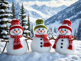 Obraz premium Three Smiling Snowmen in Winter Mountains - Festive Holiday Scene with Snowy Peaks and Pine Trees