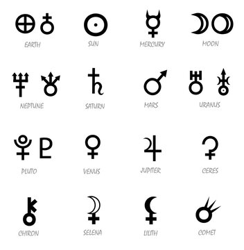 Black astrological symbols on a transparent background of planets and astrological objects such as Earth, the Sun, Mercury, the Moon, Neptune, Saturn, Mars, Uranus, Pluto, Venus, Jupiter, Ceres, Chiro