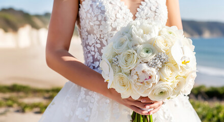 Wedding ceremony bouquet up for planners and florists to showcase seaside venue packages with premium floral services in marketing decks or email headers targeting event bookings plus coordination