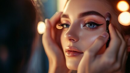 Close-up of a makeup artist applying makeup to a model under warm studio lights in a professional setting