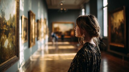 Stylish woman admires artwork in warm light of museum gallery during leisurely visit
