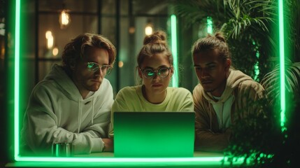 Young creative team collaborates around a laptop in a modern workspace with neon rimlight