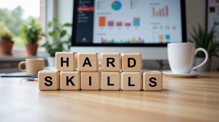 Talent selection graphic highlighting hard skills keywords on office desk used in job vacancy listings and performance review forms to clarify role expectations across hiring platforms