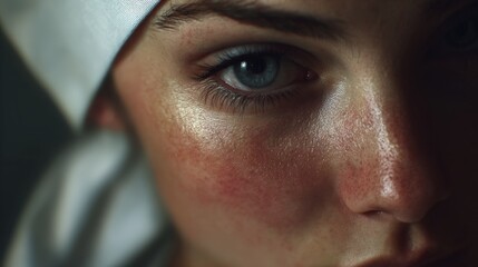 Close-up portrait of nurse illuminated by soft hospital light highlighting genuine expression and subtle skin texture