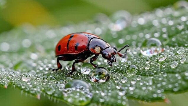 Ladybug on a Leaf: A vibrant red ladybug with black spots perches delicately on a fresh green leaf, glistening with morning dew. This captures the delicate beauty of nature.