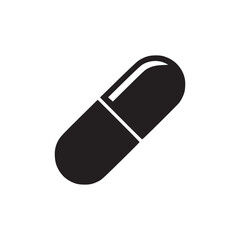Isolated black and white graphic illustration of a single capsule pill on a white background