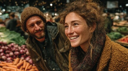 Smiling young couple enjoys grocery shopping together in a vibrant supermarket during golden hour, showcasing fresh produce and natural expressions