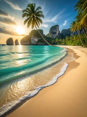 Tropical Paradise: Stunning Sunset Beach Scene with Palm Trees and Turquoise Water - A Dream Vacation Destination