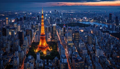 Naklejka premium Tokyo Skyline at Dusk: Eiffel Tower Silhouette, Vibrant City Lights, Panoramic Night Photography