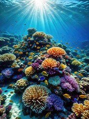 Underwater Coral Reef Paradise: Vibrant Fish and Sunbeams in Tropical Ocean Scene - Stock Photo