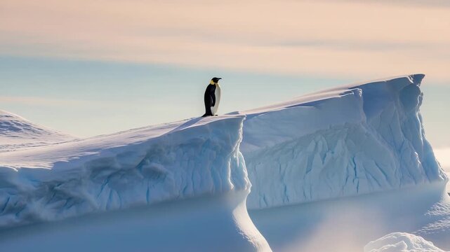 Lone emperor penguin on icy cliffs beneath tranquil pastel sky