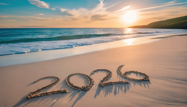 Message Year 2025 replaced by 2026 text written on beach sand background. Good bye 2025 - 2026 happy New Year coming concept. top view.