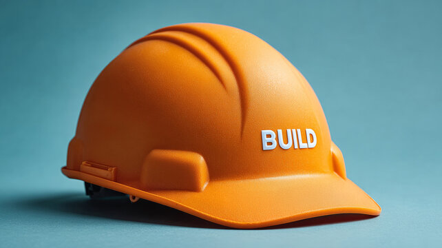 Orange hard hat with 'Build' text on blue background