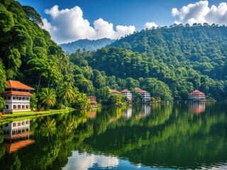 Tranquil Lakeside Retreat: Serene Villas Nestled Amidst Lush Green Hills and Reflective Waters Under a Bright Blue Sky