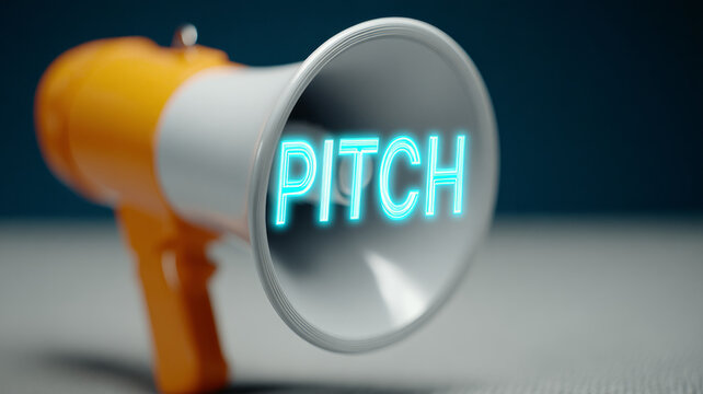 Megaphone with neon pitch text on blue background