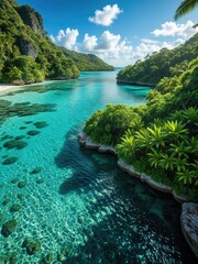 Turquoise Lagoon Paradise: Stunning Tropical Island View with Lush Greenery and Crystal Clear Water - Travel Photography