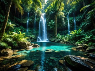 Tropical Paradise: Lush Waterfall Cascades into Turquoise Pool - Rainforest Beauty, Serene Nature Scene, Travel Photography