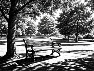 Tranquil Black and White Park Bench Scene: Serene Landscape Photography with Trees and Shadows, Perfect for Relaxation and Reflection.
