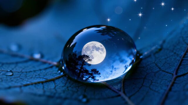Midnight scene showing moonlight bouncing within dew drops
