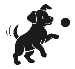 Playful Black Puppy Dog Silhouette Catching or Bouncing a Ball Icon Graphic